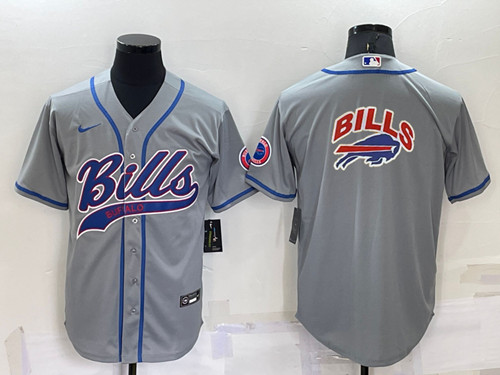 Men's Buffalo Bills Gray Team Big Logo With Patch Cool Base Stitched Baseball Jersey